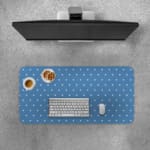Blue and white polka dot desk pad with a classic pattern design. Desk Pad with Keyboard and Mouse on top of the desk pad