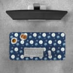 Infidu Dark Blue Desk Pad with white circles, light blue stripes, and snowflake pattern. Desk Pad with Keyboard and Mouse on top of the desk pad