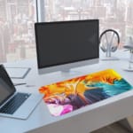 Desk pad with a vibrant abstract swirl design in orange, yellow, gray, blue, and pink. A computer and laptop are next to the desk pad