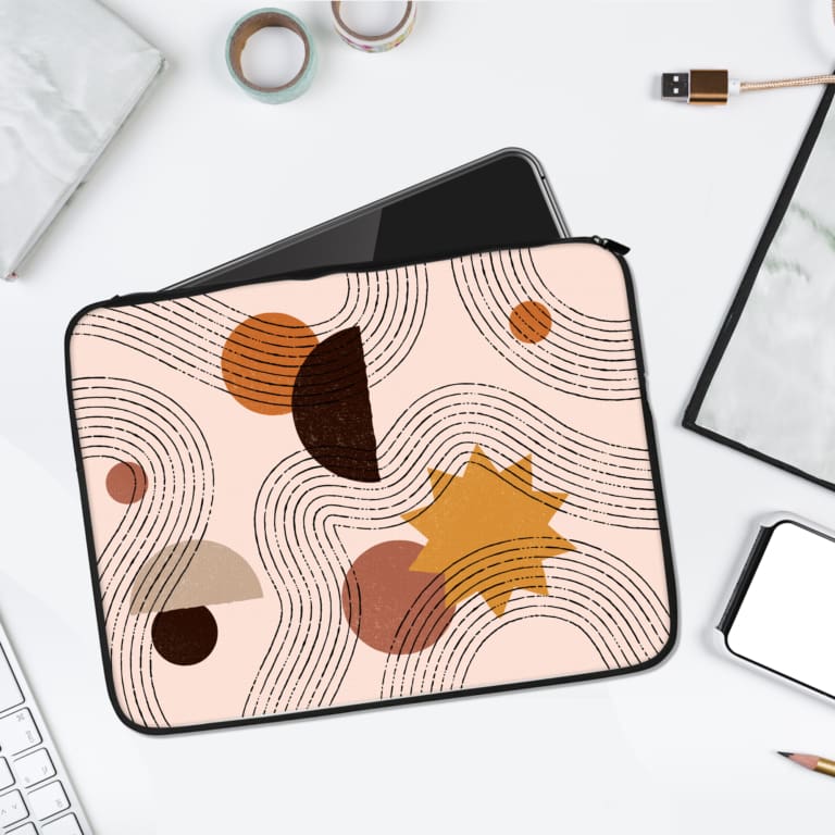 Infidu Modern Abstract Geometric Laptop Sleeve with Curves, featuring curved black lines and geometric shapes in vibrant colors like orange, yellow, and pink. laptop sleeve kept on a plain white background