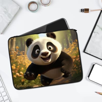 Cute panda laptop sleeve with a smiling panda and soft green background, offering cheerful and playful vibes for animal lovers. laptop sleeve kept on a plain white background