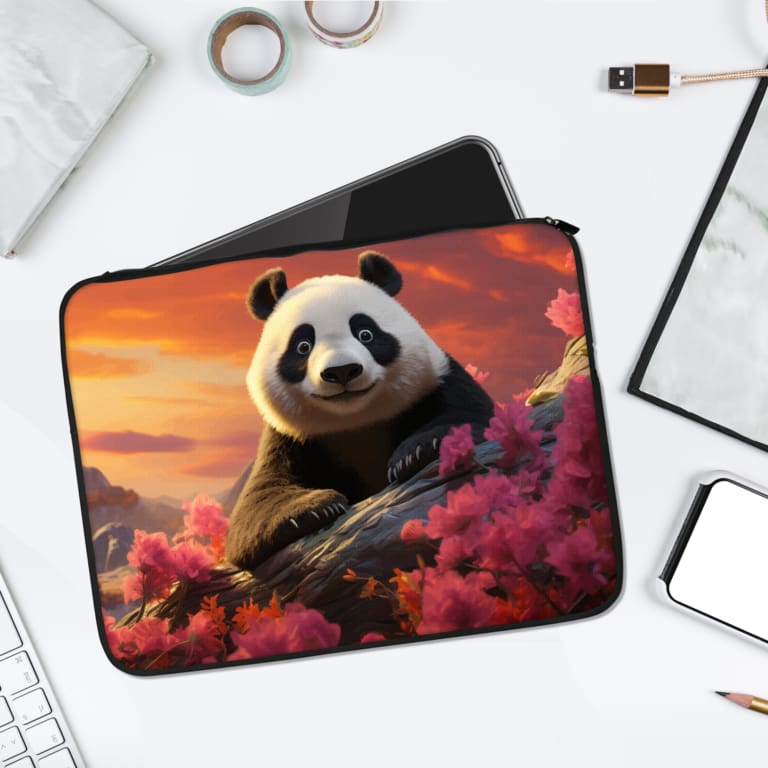 Infidu Panda Laptop Sleeve with pink blossoms and a sunset background, featuring a cute panda design. laptop sleeve kept on a plain white background