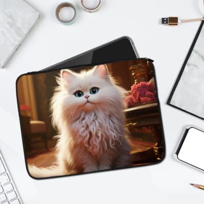 Fluffy white cat laptop sleeve with a cozy indoor background, made from durable fabric and featuring a secure zip closure. laptop sleeve kept on a plain white background