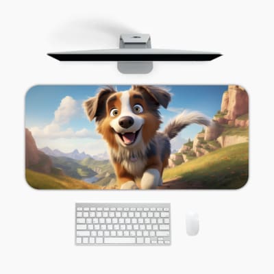Desk mat with a happy cartoon dog in a pastel-colored landscape. A desk pad under the computer