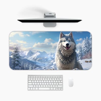Desk mat showing a majestic wolf in snowy mountains with a blue sky background. A desk pad under the computer