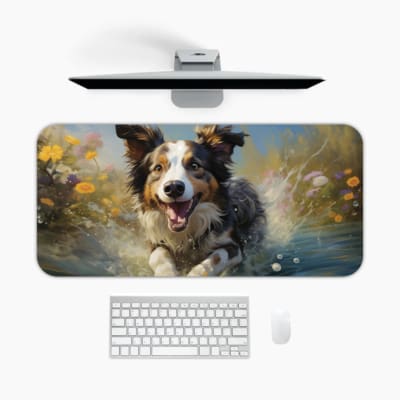 Joyful Australian Shepherd running through water with a vibrant, colorful background. A desk pad under the computer