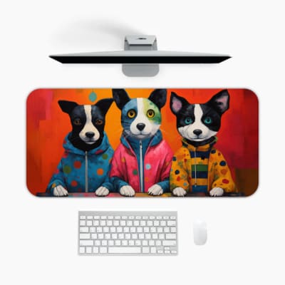 Desk pad featuring three playful dogs in colorful jackets with a vibrant red, orange, and yellow gradient background. A desk pad under the computer