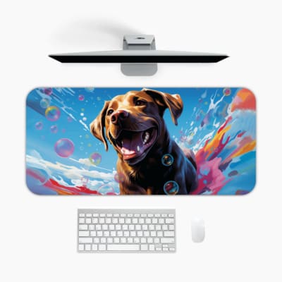 Desk pad with a joyful black or dark brown dog, colorful background in blue, pink, purple, and orange, and floating bubbles. A desk pad under the computer