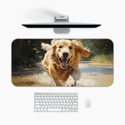 Golden retriever dog running happily with a friendly expression, set against a natural outdoor background. A desk pad under the computer