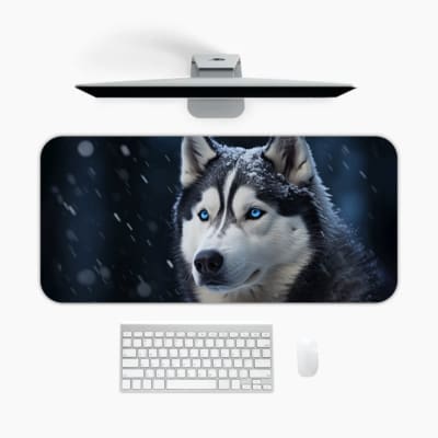 Siberian Husky with blue eyes close-up, snowy background, high-quality desk mat. A desk pad under the computer