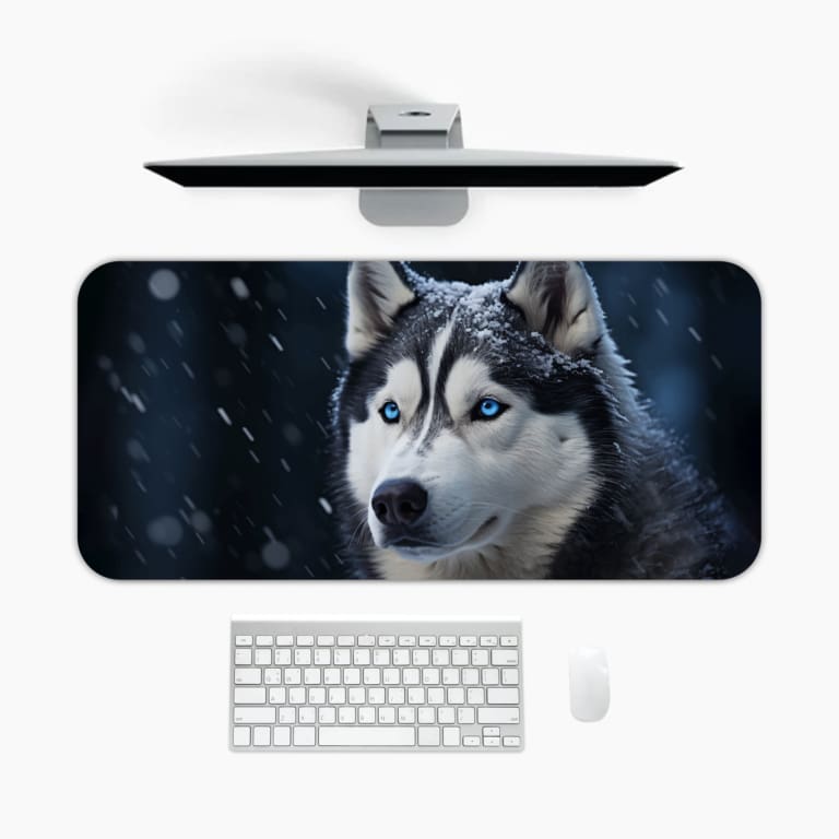 Siberian Husky with blue eyes close-up, snowy background, high-quality desk mat. A desk pad under the computer