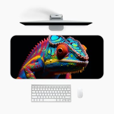 Vibrant chameleon with blue, yellow, red, and green colors on a black desk pad. A desk pad under the computer