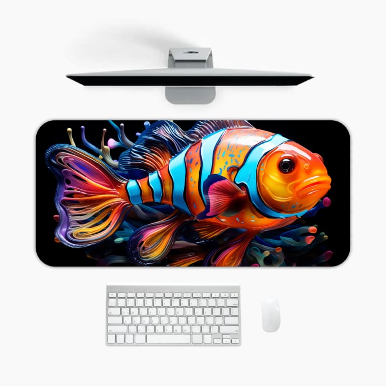 Vibrant fish with bold colors on a dark background, featuring shades of blue, orange, yellow, and pink. A desk pad under the computer