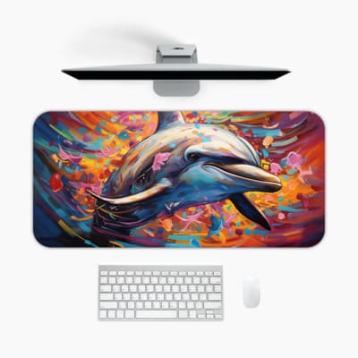 Infidu Colorful Ocean Desk Mat with a vibrant dolphin design in blue, white, and pink, set against a mix of pink, orange, and blue background. A desk pad under the computer