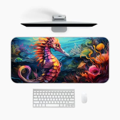Infidu desk mat featuring a vibrant seahorse and coral in a blue underwater scene. Desk Pad kept on a plain white background