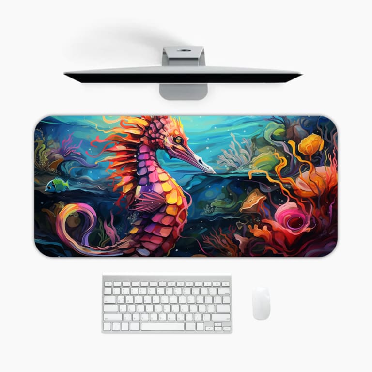 Infidu desk mat featuring a vibrant seahorse and coral in a blue underwater scene. Desk Pad kept on a plain white background