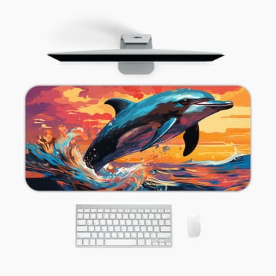 Dolphin leaping against a bold sunset sky on a desk mat. A desk pad under the computer