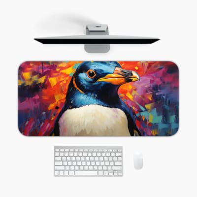 Infidu Desk Pad featuring a penguin with an abstract colorful background. A desk pad under the computer