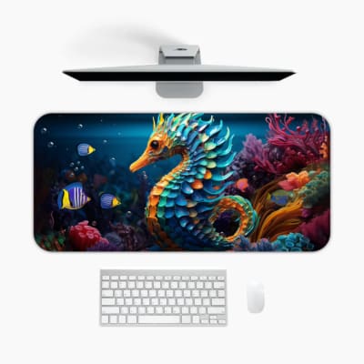 Infidu desk mat with a vibrant seahorse and colorful underwater scene, featuring tropical fish and bright coral in blue and orange. A desk pad under the computer