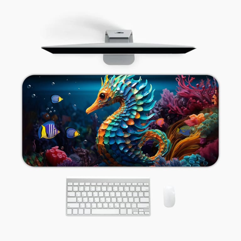 Infidu desk mat with a vibrant seahorse and colorful underwater scene, featuring tropical fish and bright coral in blue and orange. A desk pad under the computer