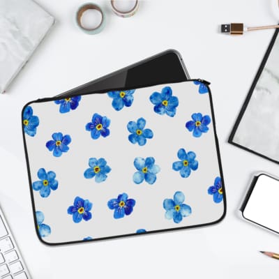 Infidu Blue Flowers with Yellow Centers Laptop Sleeve - White background with blue flowers and yellow centers, fresh and vibrant design. laptop sleeve kept on a plain white background