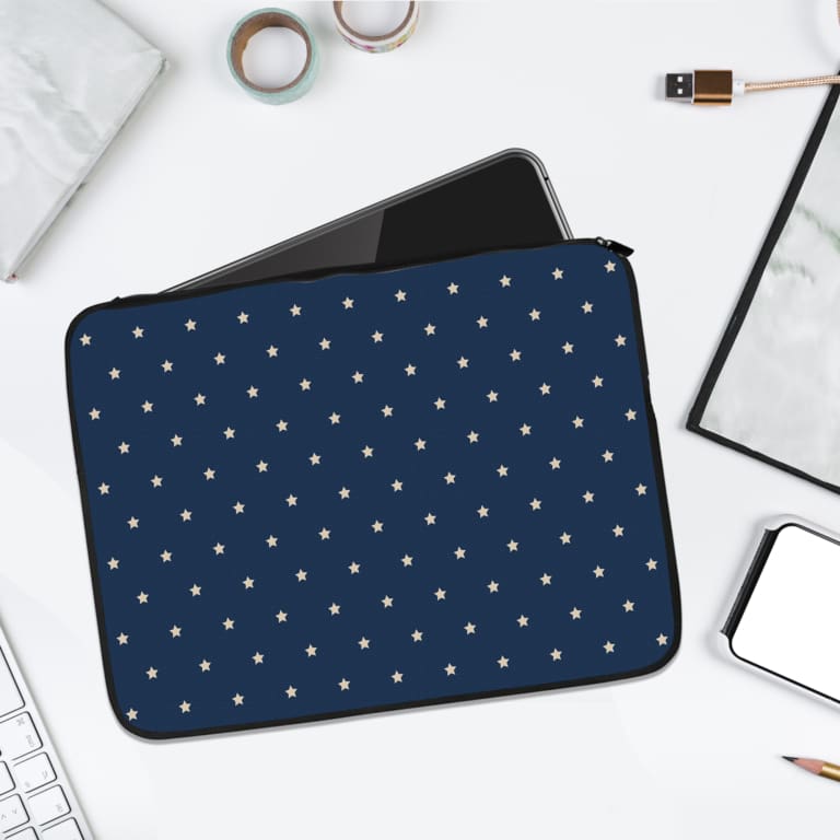 Infidu Deep Blue Polka Dot Design Laptop Sleeve with small white dots on a deep blue background. laptop sleeve kept on a plain white background