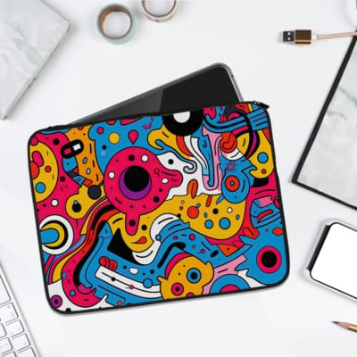 Abstract colorful shapes laptop sleeve with vibrant patterns in pink, yellow, blue, and black, offering stylish and secure laptop protection. laptop sleeve kept on a plain white background