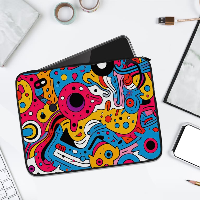 Abstract colorful shapes laptop sleeve with vibrant patterns in pink, yellow, blue, and black, offering stylish and secure laptop protection. laptop sleeve kept on a plain white background