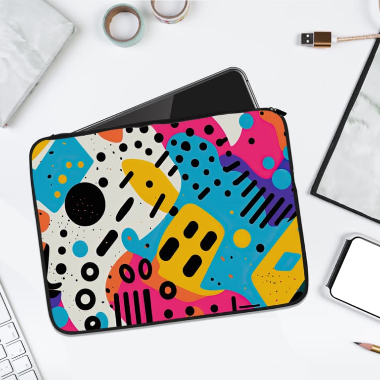 Infidu Vibrant Abstract Geometric Laptop Sleeve featuring a colorful abstract design with geometric shapes and bright colors. laptop sleeve kept on a plain white background