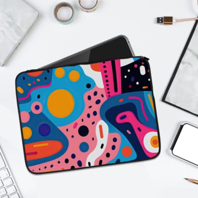 Infidu Bold Abstract Shapes Colorful Laptop Sleeve with vibrant colors and modern design featuring circles, dots, and wavy lines. laptop sleeve kept on a plain white background