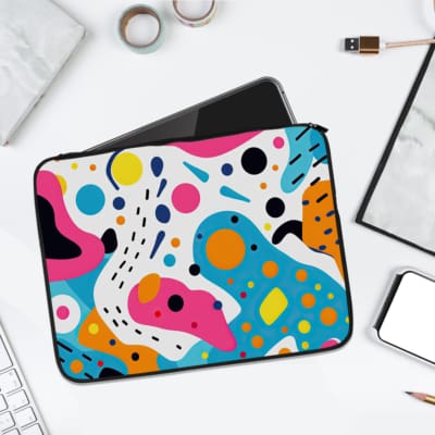 Infidu Vibrant Abstract Laptop Sleeve with Bold Colors - Blue, pink, yellow, and black shapes on a colorful, modern design. laptop sleeve kept on a plain white background