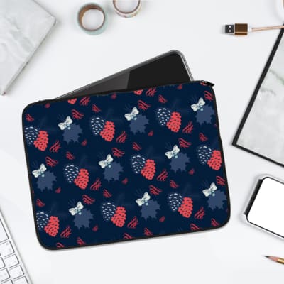 Infidu Dark Blue Floral & Berry Laptop Sleeve with pink, white, and light blue flowers and berries on a dark blue background. laptop sleeve kept on a plain white background