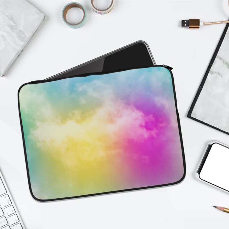 Infidu Calm Sky with Clouds Laptop Sleeve features a soft sky-blue and light purple design with scattered clouds for a serene, peaceful look. laptop sleeve kept on a plain white background