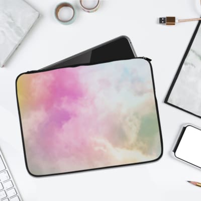 Infidu Pastel Watercolor Blend Laptop Sleeve with soft pastel shades of pink, purple, yellow, and white in a calming watercolor design. laptop sleeve kept on a plain white background