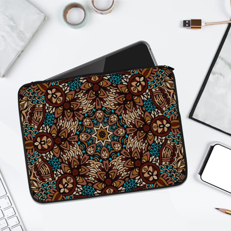 Infidu Mandala Pattern Laptop Sleeve featuring floral and geometric designs in brown, blue, beige, and white. laptop sleeve kept on a plain white background