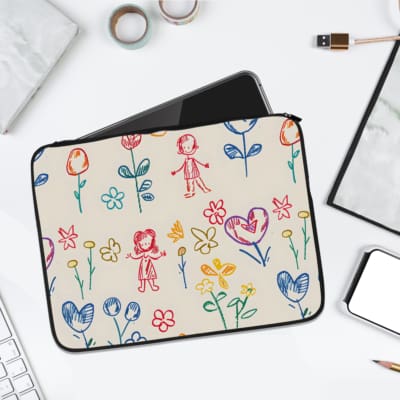 Infidu Colorful Flowers & Hearts Laptop Sleeve featuring a light gray background with vibrant flowers, hearts, and stick characters. laptop sleeve kept on a plain white background