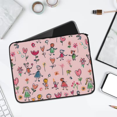 Playful cartoon design laptop sleeve with colorful characters, flowers, and hearts on a light pink background, perfect for laptop protection. laptop sleeve kept on a plain white background