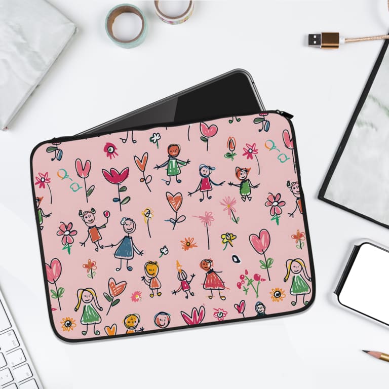 Playful cartoon design laptop sleeve with colorful characters, flowers, and hearts on a light pink background, perfect for laptop protection. laptop sleeve kept on a plain white background