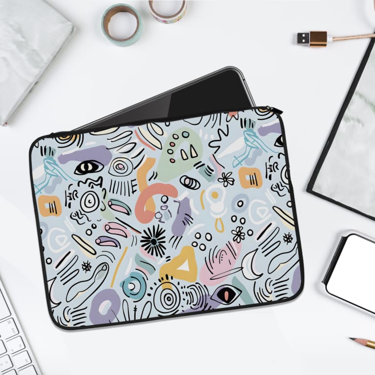 Infidu Abstract Pastel Design Laptop Sleeve featuring abstract shapes and pastel colors on a white background. laptop sleeve kept on a plain white background