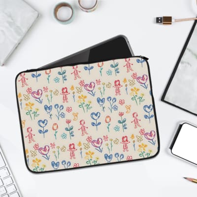 Colorful Floral & Heart Design Kids Laptop Sleeve featuring a bright, playful floral and heart pattern. laptop sleeve kept on a plain white background