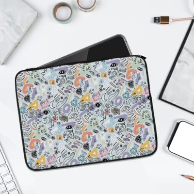 Infidu Vibrant Whimsical Pattern Laptop Sleeve with colorful design and white background. laptop sleeve kept on a plain white background