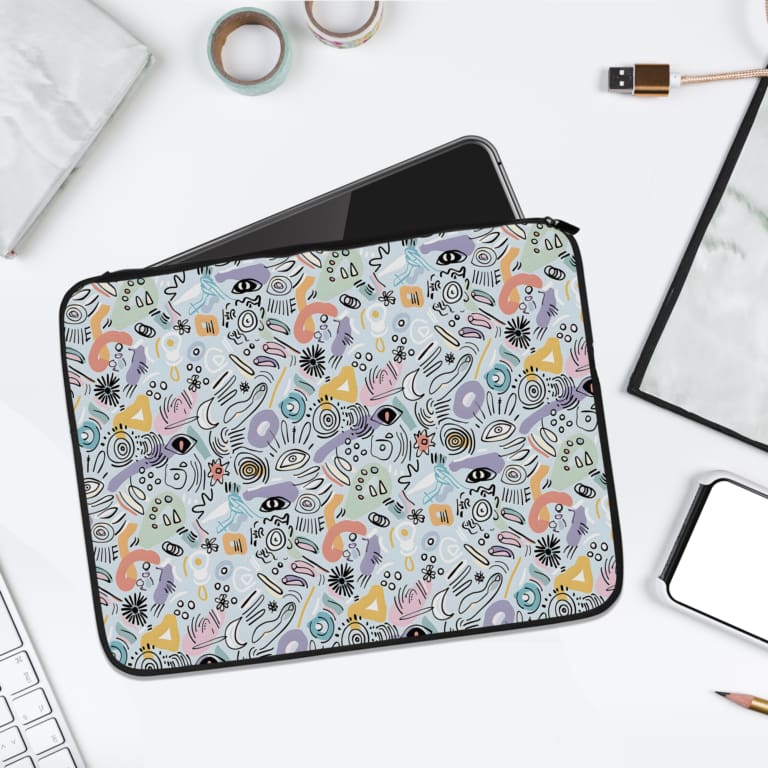 Infidu Vibrant Whimsical Pattern Laptop Sleeve with colorful design and white background. laptop sleeve kept on a plain white background