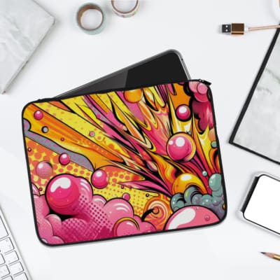 Infidu Vibrant Comic Explosion Laptop Sleeve with bold pink, yellow, orange, and black comic-style explosion pattern. laptop sleeve kept on a plain white background
