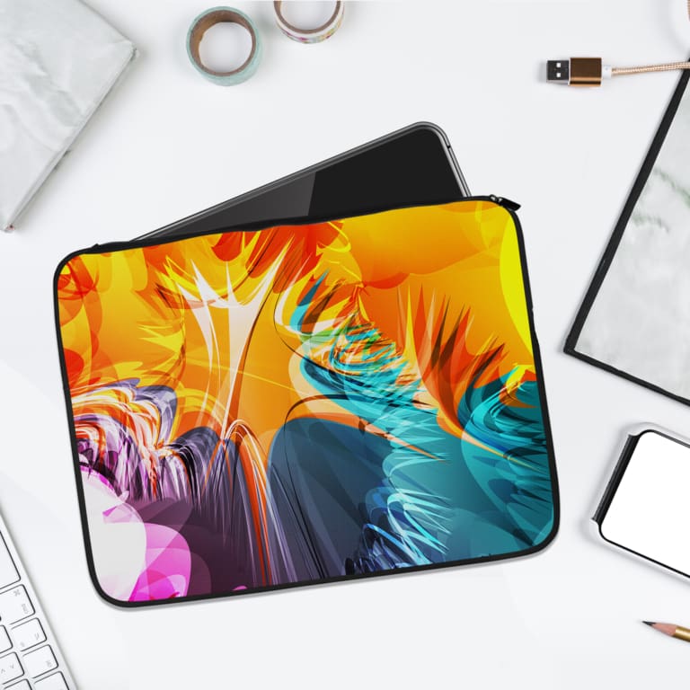 Colorful abstract pattern laptop sleeve featuring orange, blue, and yellow tones for a vibrant and artistic design. laptop sleeve kept on a plain white background