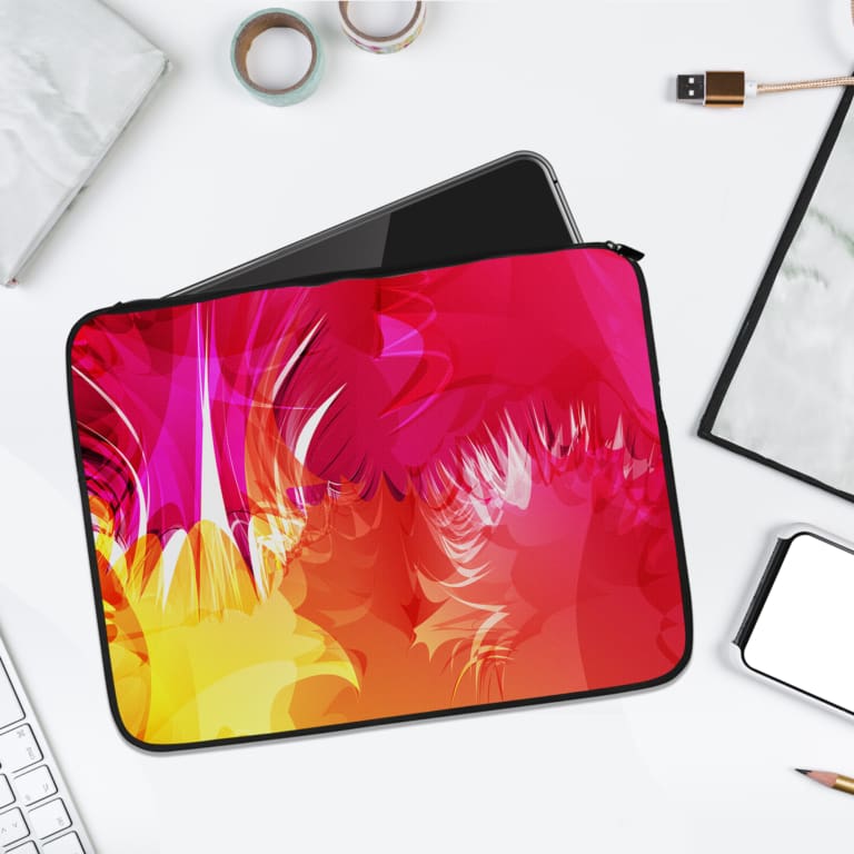 Infidu Vibrant Abstract Pink & Orange Laptop Sleeve featuring colorful abstract patterns in pink, orange, and yellow tones. laptop sleeve kept on a plain white background