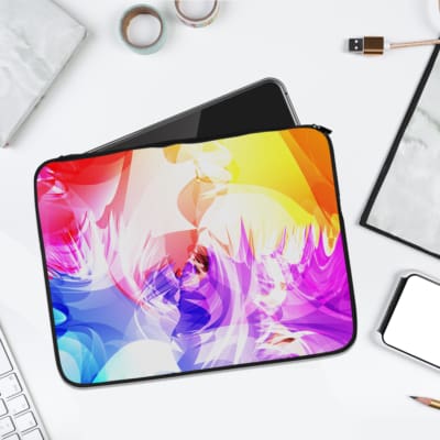Bright colorful abstract textured design laptop sleeve with pink, purple, blue, and yellow patterns. Durable fabric with zip closure. laptop sleeve kept on a plain white background