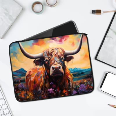 Infidu Highland Cow Laptop Sleeve features a vibrant colorful cow design with a scenic mountain background, ideal for laptop protection. laptop sleeve kept on a plain white background