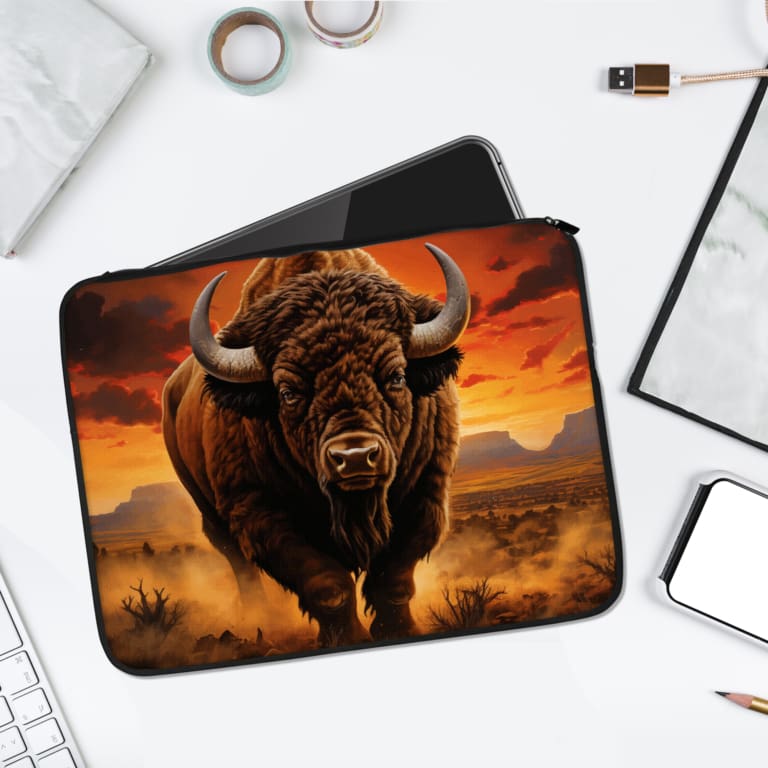 Buffalo laptop sleeve with a realistic buffalo illustration and a sunset-inspired background in earthy orange and brown tones. laptop sleeve kept on a plain white background
