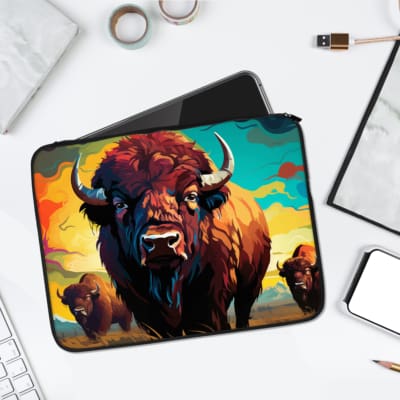 Vibrant bison laptop sleeve with a scenic design featuring yellow, orange, blue, and green colors. Protective and stylish for your laptop. laptop sleeve kept on a plain white background