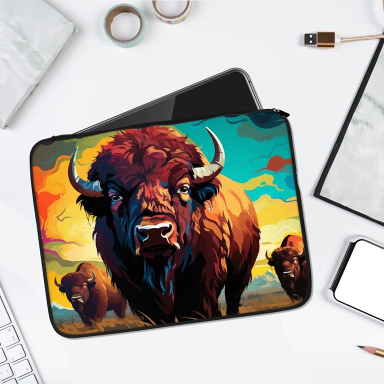 Vibrant bison laptop sleeve with a scenic design featuring yellow, orange, blue, and green colors. Protective and stylish for your laptop. laptop sleeve kept on a plain white background
